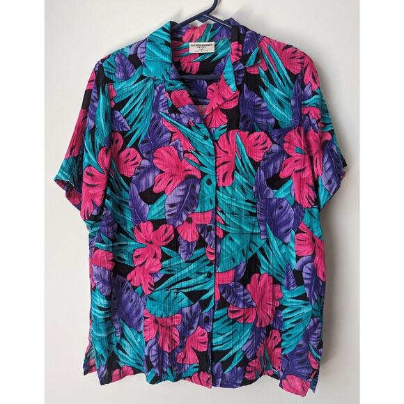 Vtg 80s Blouse 10 Petite Tropical Hawaiian Colorful Shoulder Pads Granny Kitsch - Picture 1 of 6